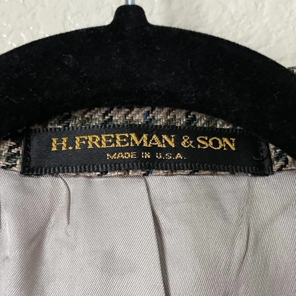 Vintage Hickey Freeman Blazer Mens 42R Tan Blue Houndstooth Sportscoat Union USA